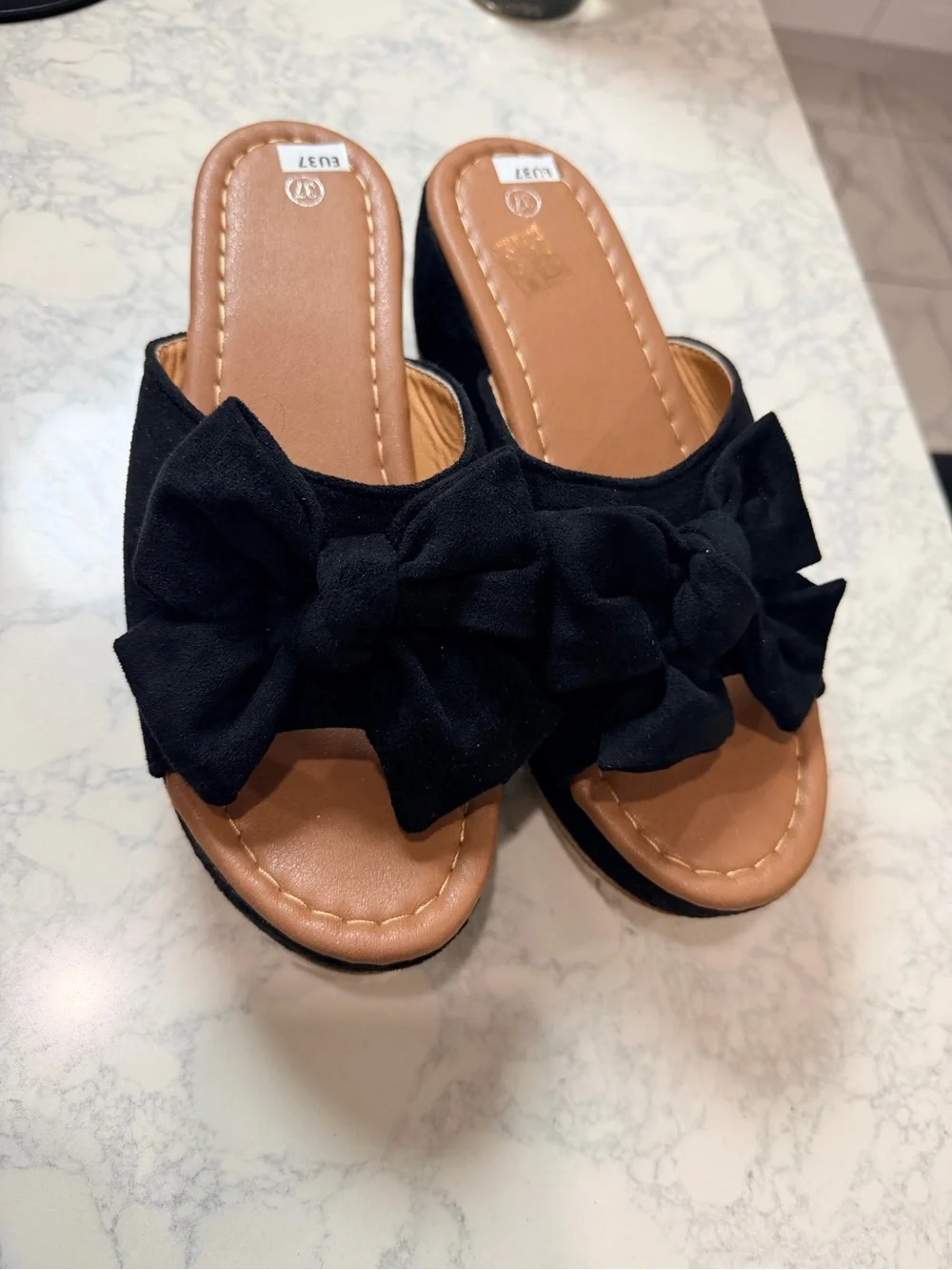 Black Bow Platform Slide Wedges - Stylish Slip-On for Women